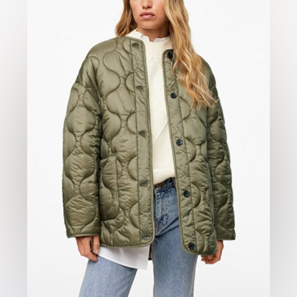 womens mango green quilted satin jacket